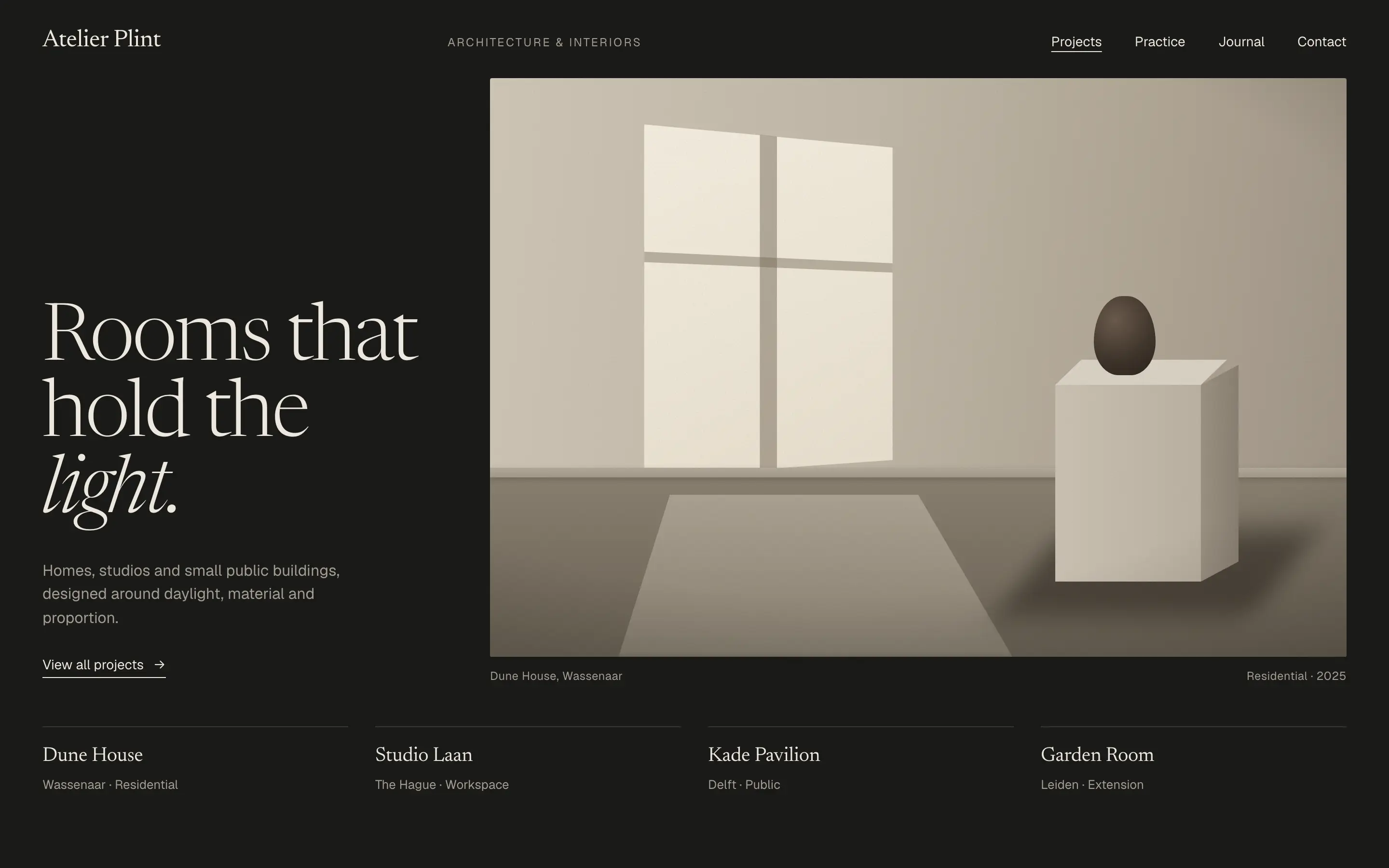 Atelier Plint concept homepage: a dark page with the serif headline “Rooms that hold the light” beside an image of daylight falling across a stone plinth.
