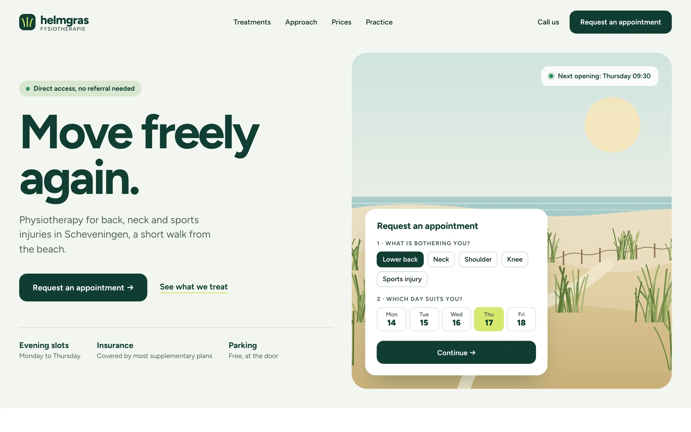 Helmgras concept landing page: the headline “Move freely again” next to an illustrated dune landscape with an appointment request card.