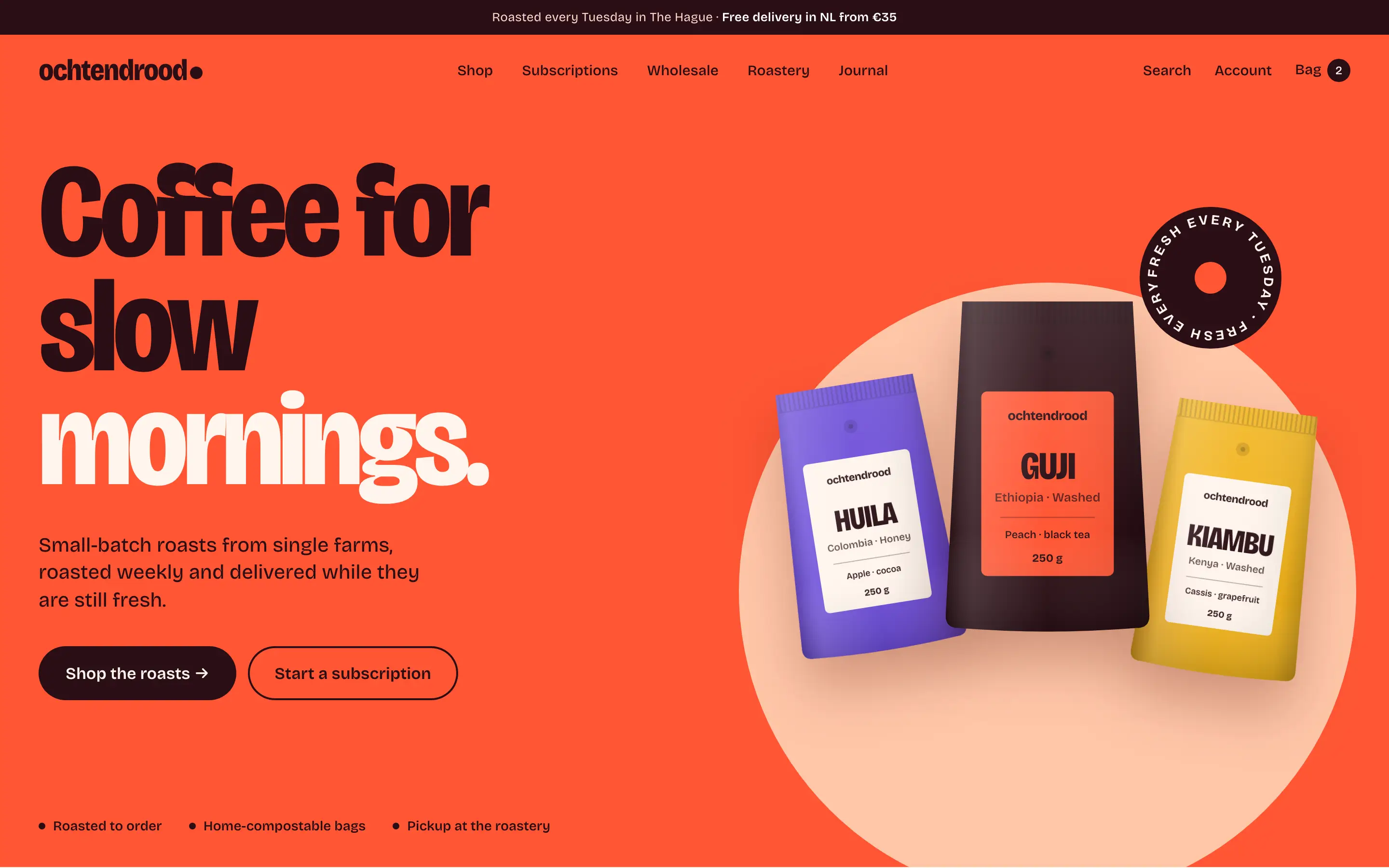 Ochtendrood concept homepage: a bright red page with the headline “Coffee for slow mornings” and three illustrated coffee bags.