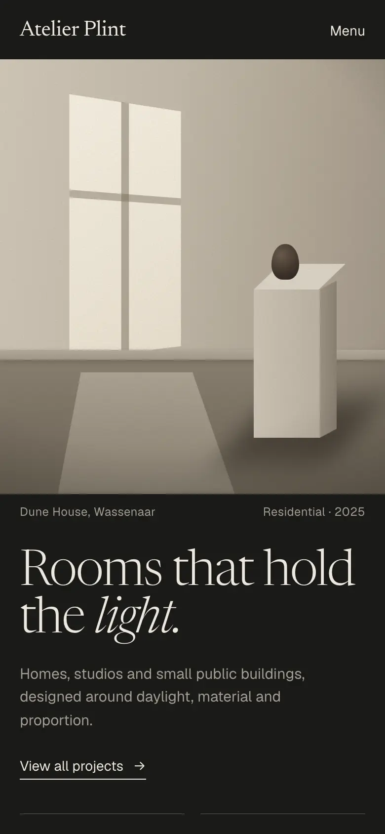 Atelier Plint concept on a phone: interior image above the serif headline.
