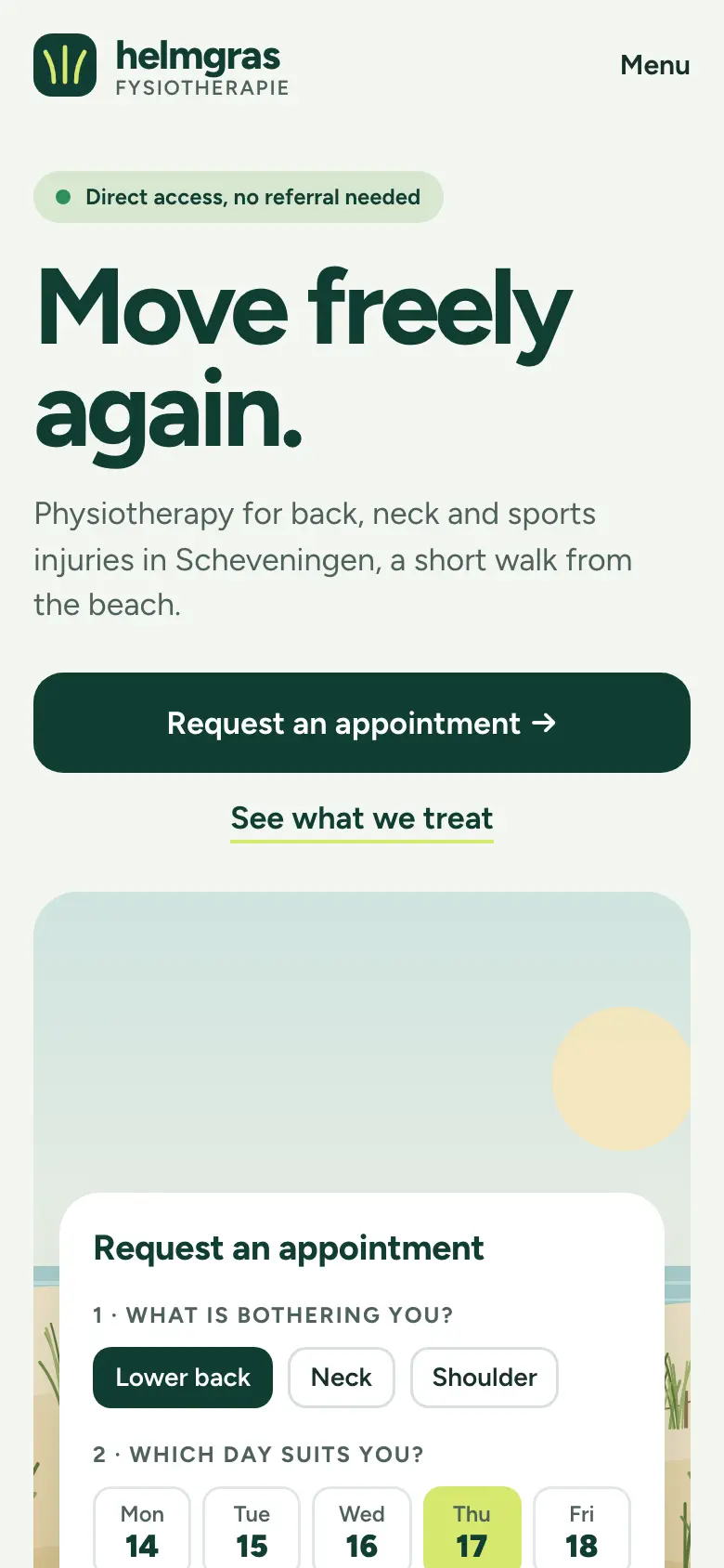 Helmgras concept on a phone: headline, appointment button and the start of the request card.