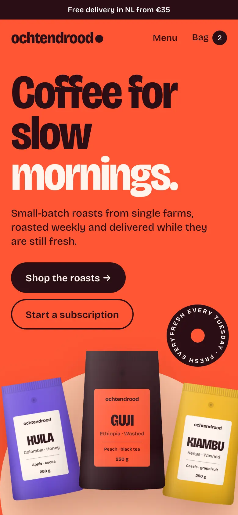 Ochtendrood concept on a phone: headline, two buttons and coffee bags at the bottom of the screen.